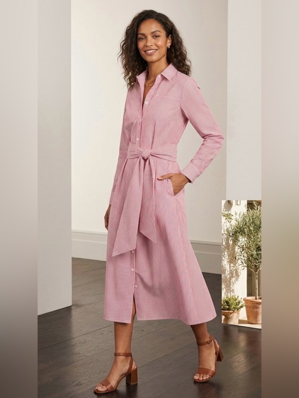 J. Crew Pink and White Pin Striped Long-Sleeve Shirt Dress with Waist Tie